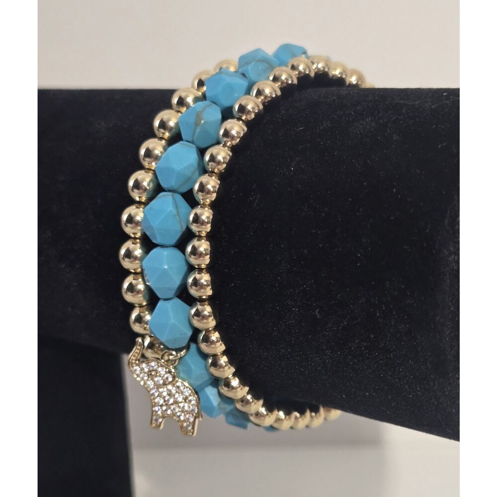 Cubic Zirconia Elephant Pendant Turquoise Color Trio Stretch Bracelet
